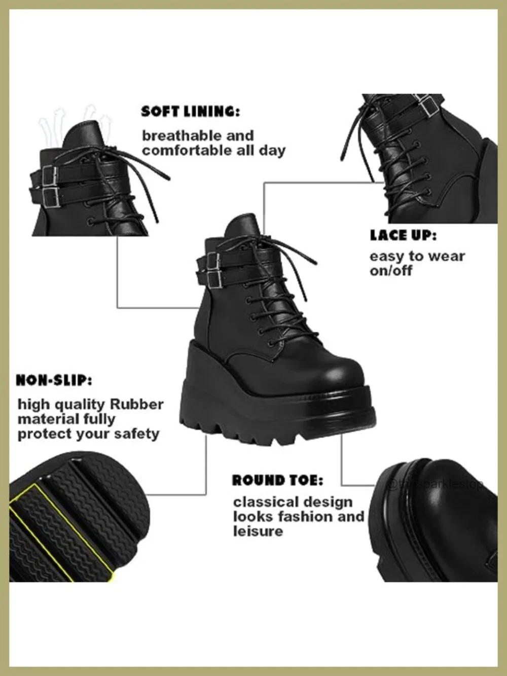 Goth Chunky Platform Boots Women Wedge Heel Lace-Up Vegan PU Leather Round Toe